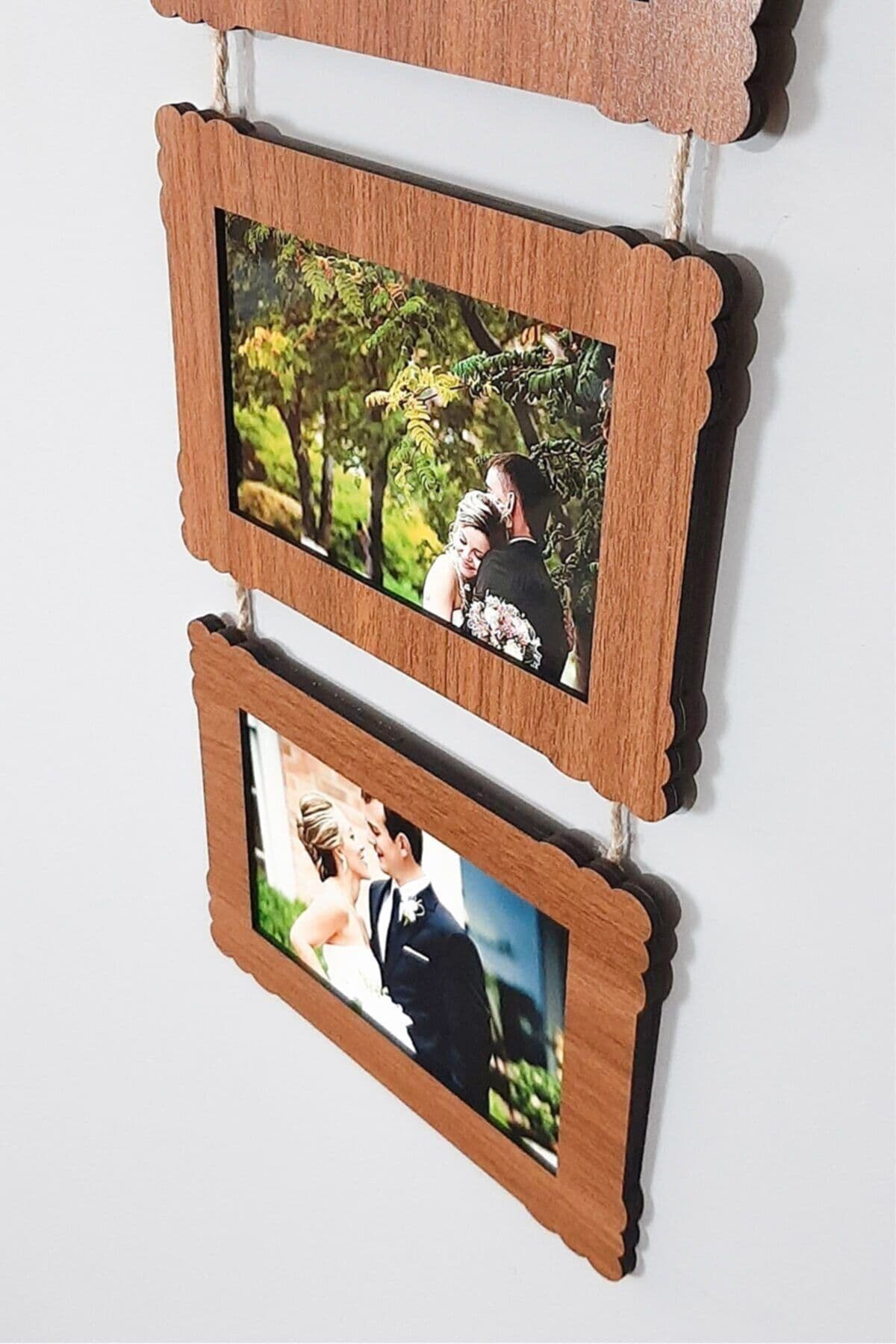 Bilge Ahşap 3'lü 10x15 Cm Hasır Ipli Fotoğraf Askılık Yatay- Renk Ceviz - Detay