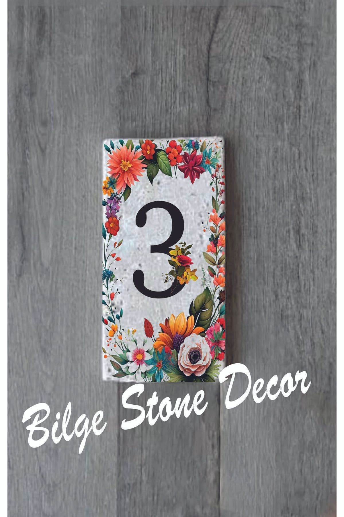 Bilge Stone Decor Doğal Taş Kapı Numarası, Uv Baskılı Kapı Numarası 7,5x15cm - Numara 3