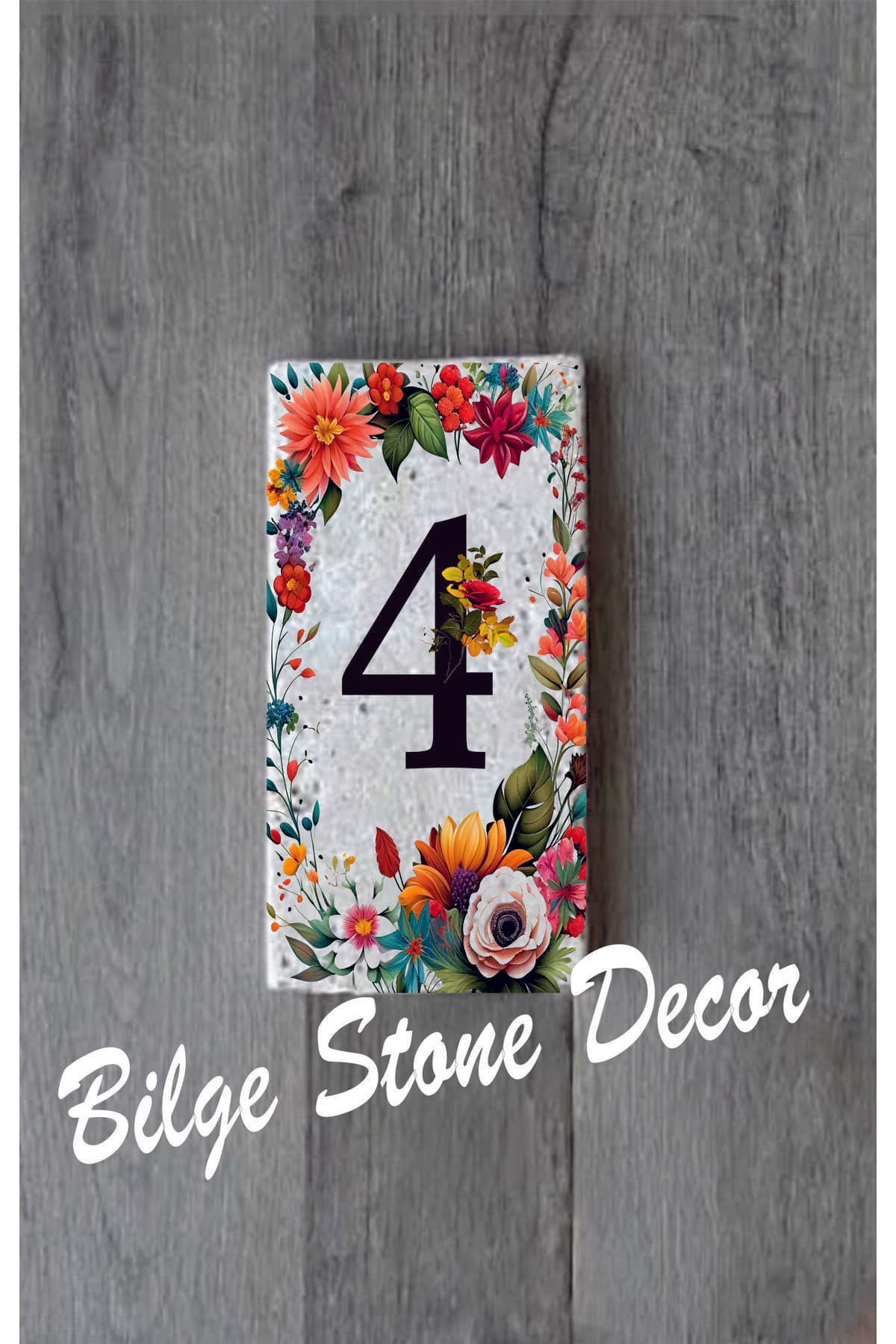 Bilge Stone Decor Doğal Taş Kapı Numarası, Uv Baskılı Kapı Numarası 7,5x15cm - Numara 4