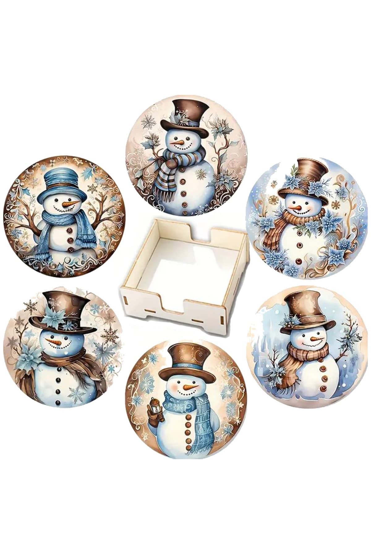 BİLGE tasarım Noel Yılbaşı Ahşap Bardak Altlığı - 6 lı set Set AHŞAP ÖZEL TASARIM KUTULU
