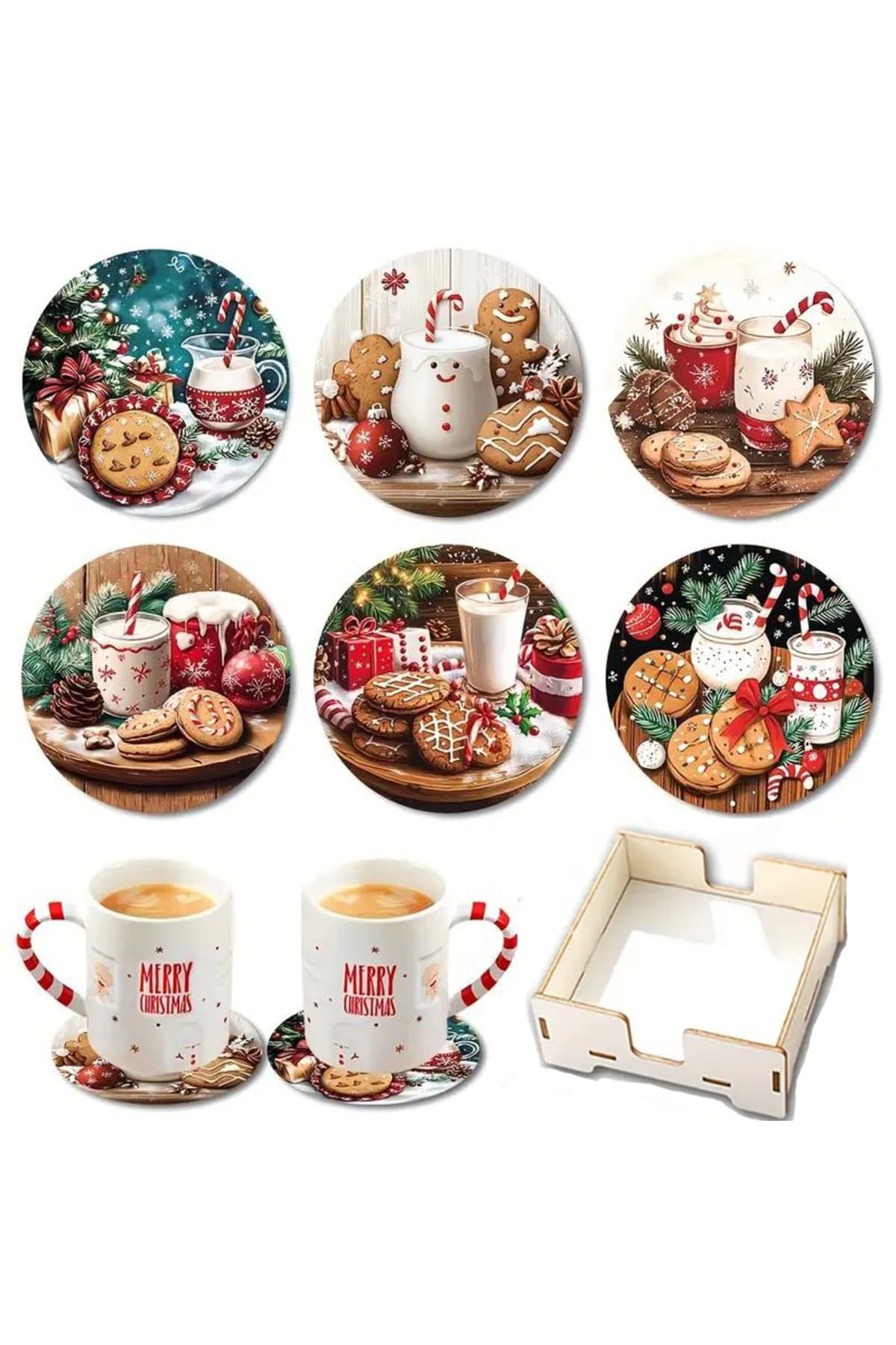 BİLGE tasarım Noel Yılbaşı Ahşap Bardak Altlığı - 6 lı set Set AHŞAP ÖZEL TASARIM KUTULU
