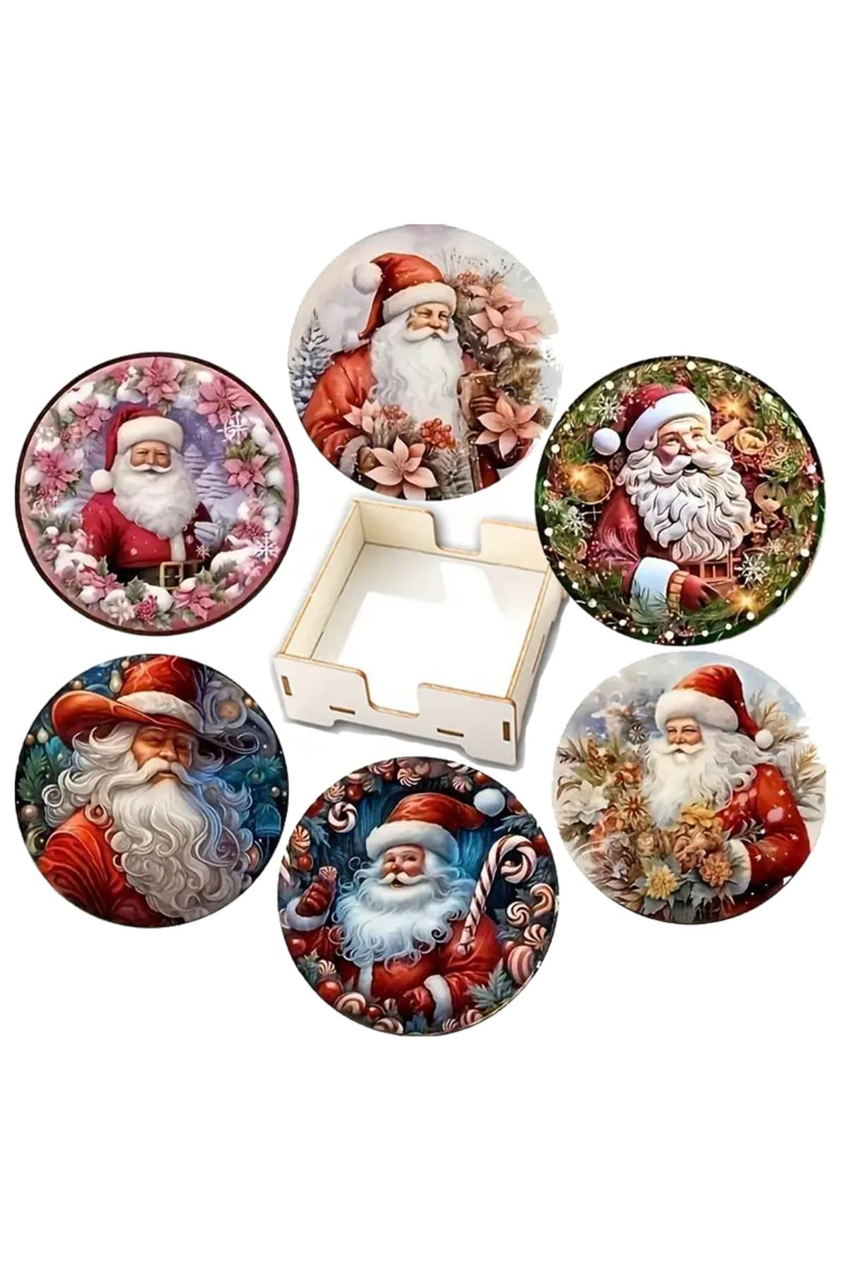 BİLGE tasarım Noel Yılbaşı Ahşap Bardak Altlığı - 6 lı set Set AHŞAP ÖZEL TASARIM KUTULU