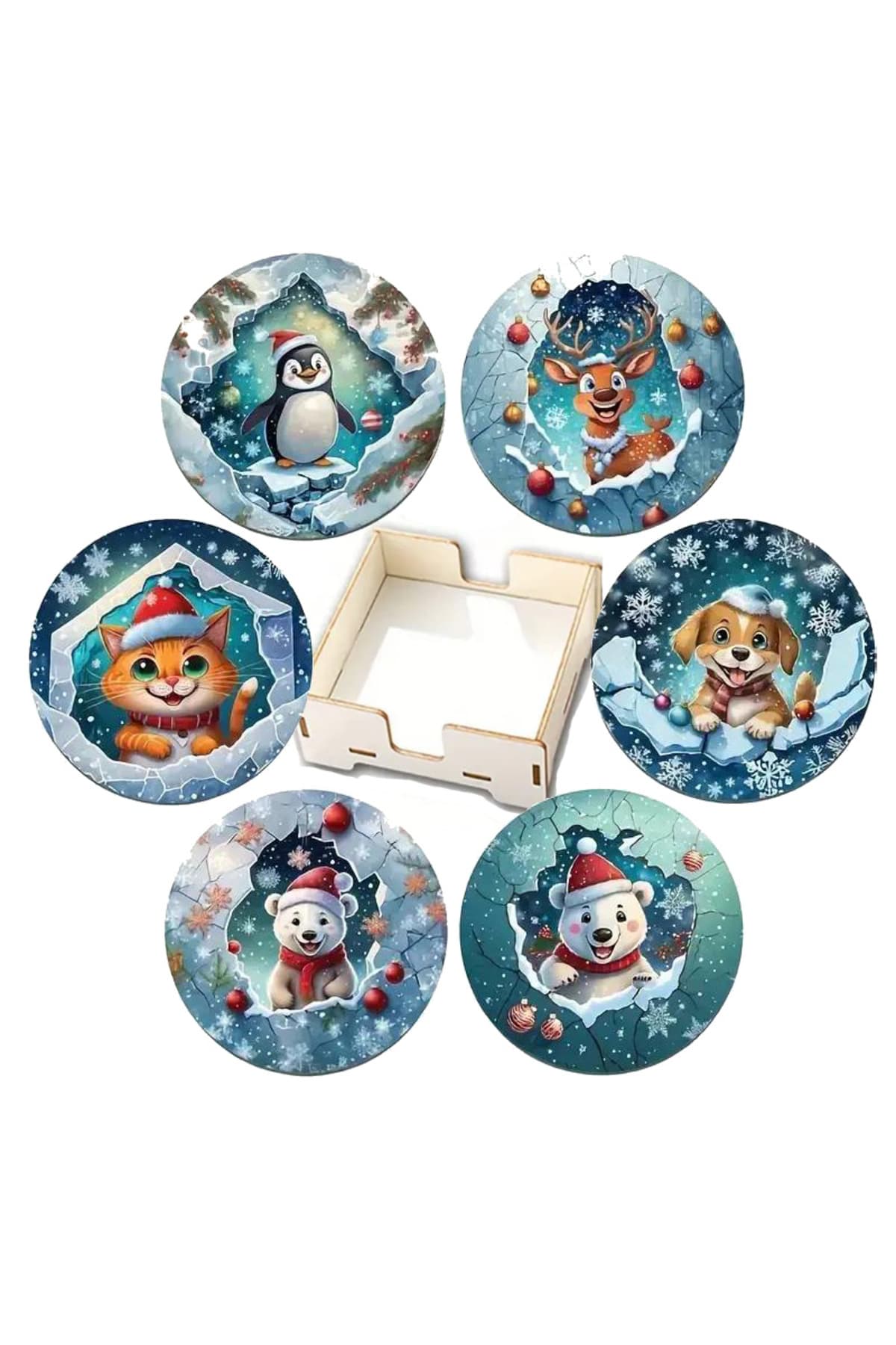 BİLGE tasarım Noel Yılbaşı Ahşap Bardak Altlığı - 6 lı set Set AHŞAP ÖZEL TASARIM KUTULU