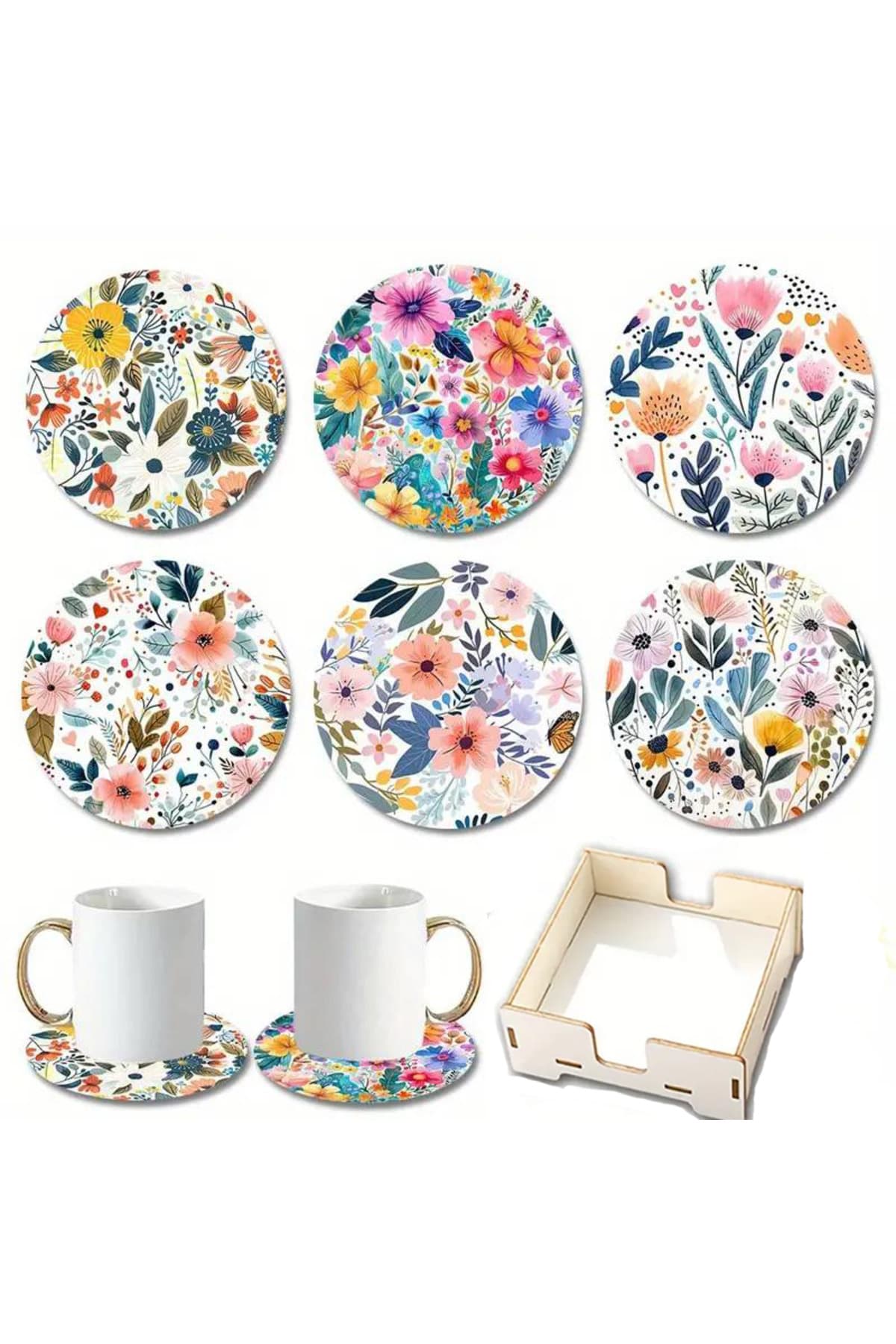 BİLGE tasarım Ahşap baskılı Bardak Altlığı 6 lı set Set AHŞAP ÖZEL TASARIM STAND KUTULU
