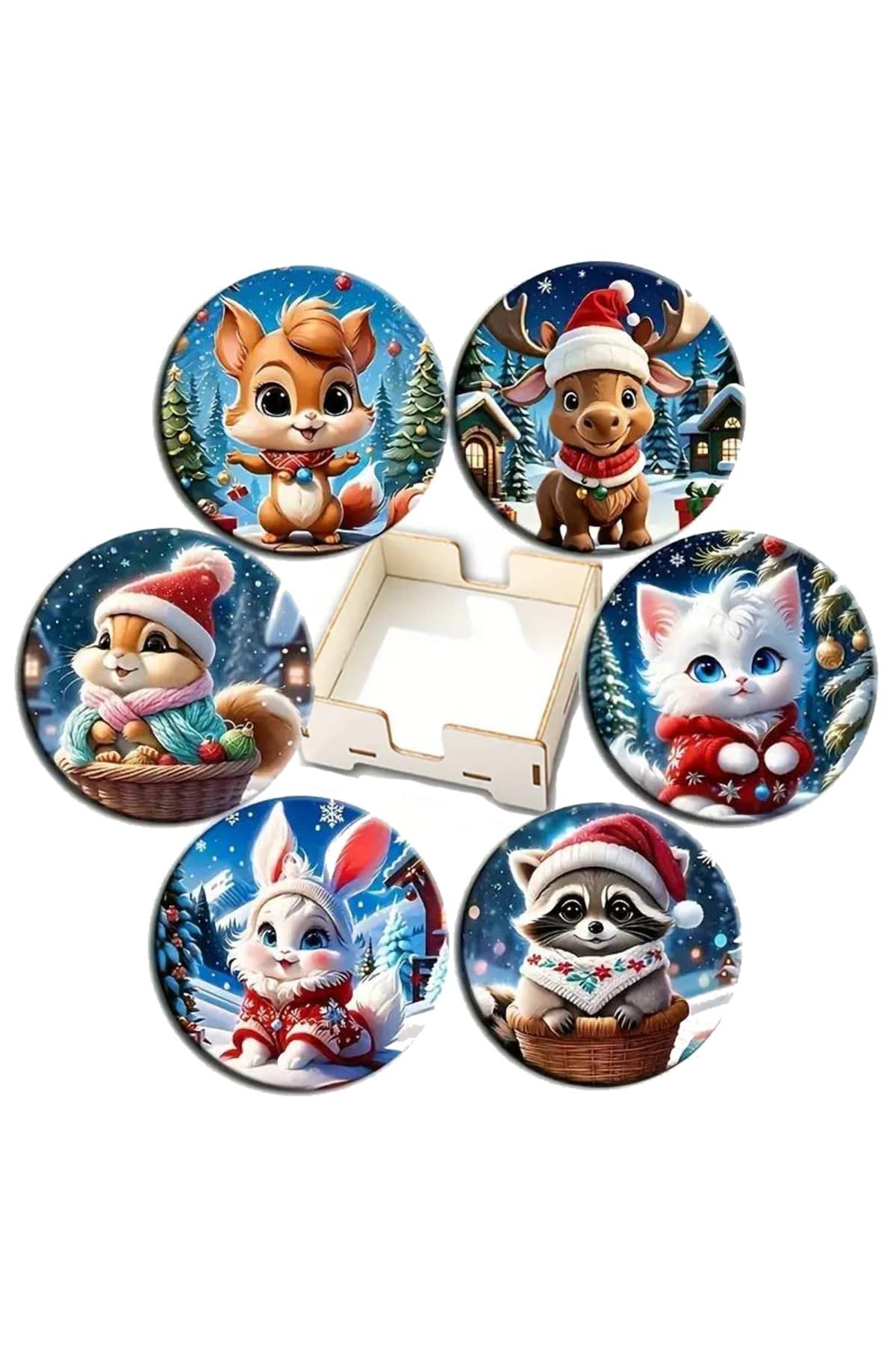 BİLGE tasarım Noel Yılbaşı Ahşap Bardak Altlığı - 6 lı set Set AHŞAP ÖZEL TASARIM KUTULU