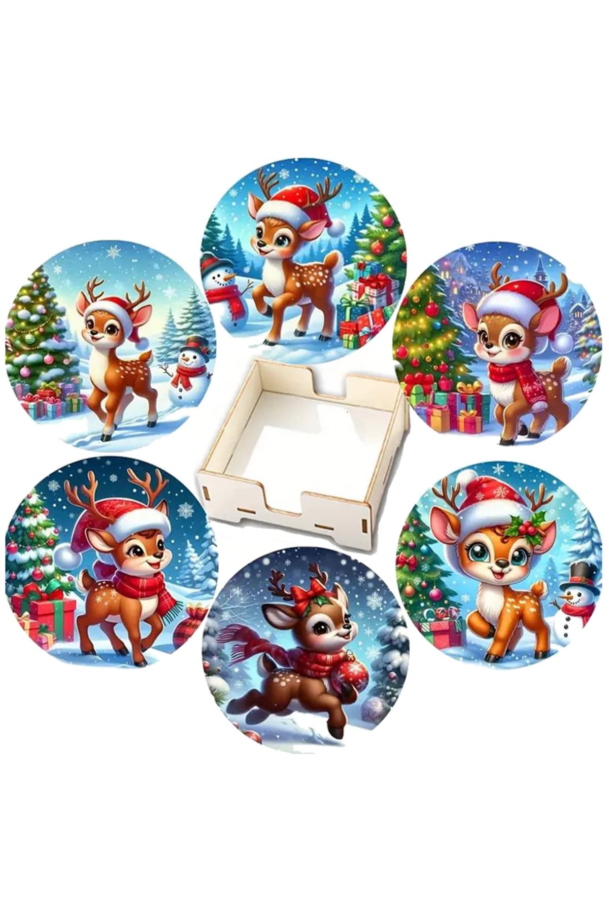 BİLGE tasarım Noel Yılbaşı Ahşap Bardak Altlığı - 6 lı set Set AHŞAP ÖZEL TASARIM KUTULU
