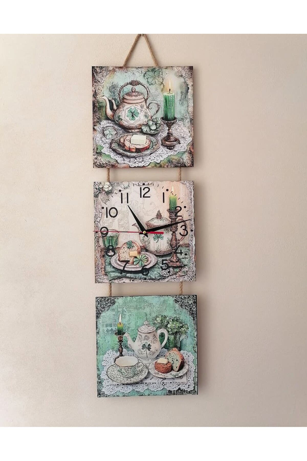 Otantik Hediyelik halatlı dekoratif tablo detaylı 3 lü set mutfak (kitchen) saati
