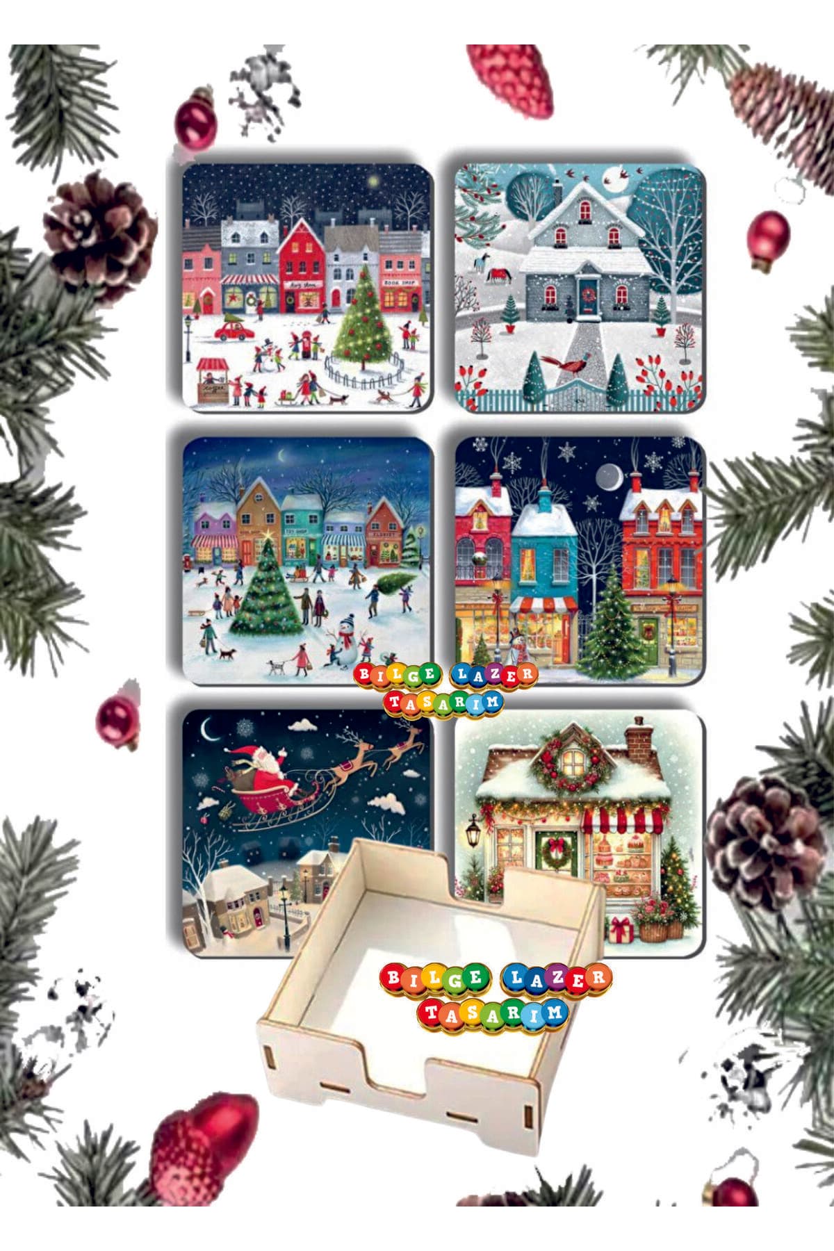 BİLGE tasarım Noel Yılbaşı Ahşap Bardak Altlığı - 6 lı set Set AHŞAP ÖZEL TASARIM KUTULU - Detay