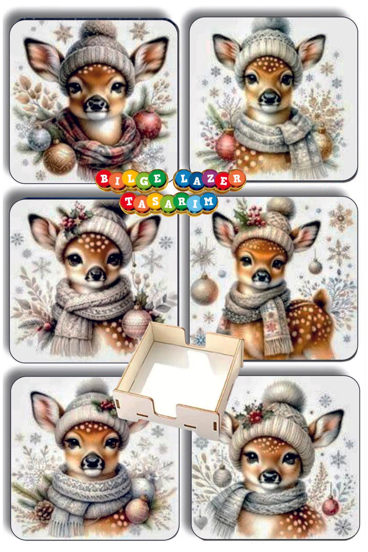BİLGE tasarım Noel Yılbaşı Ahşap Bardak Altlığı - 6 lı set Set AHŞAP ÖZEL TASARIM KUTULU