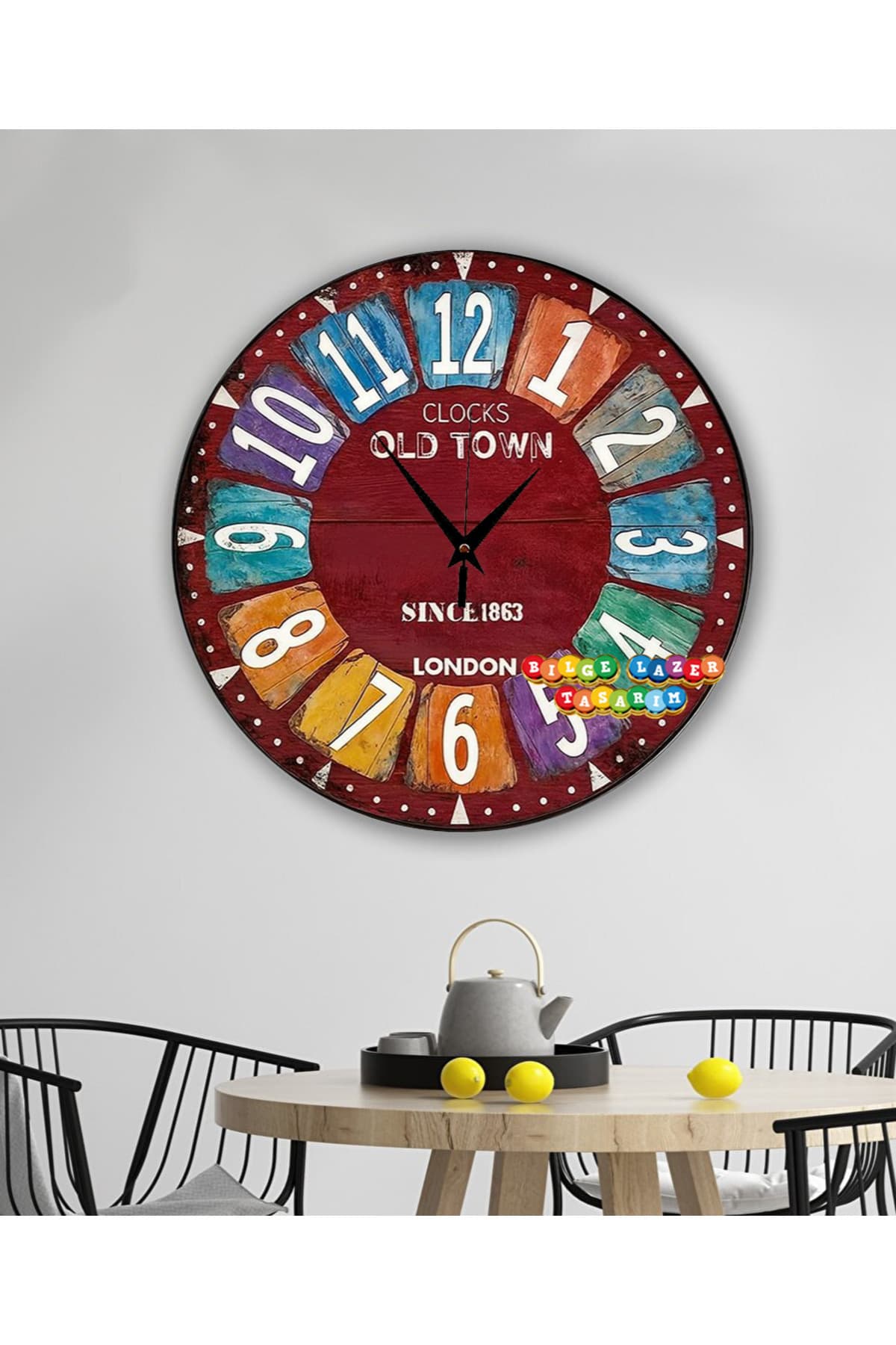 Bilge Ahşap RETRO TASARIM Dekoratif duvar Saati 2 D görünümlü ( kabartma degildir dijital uv baskı )