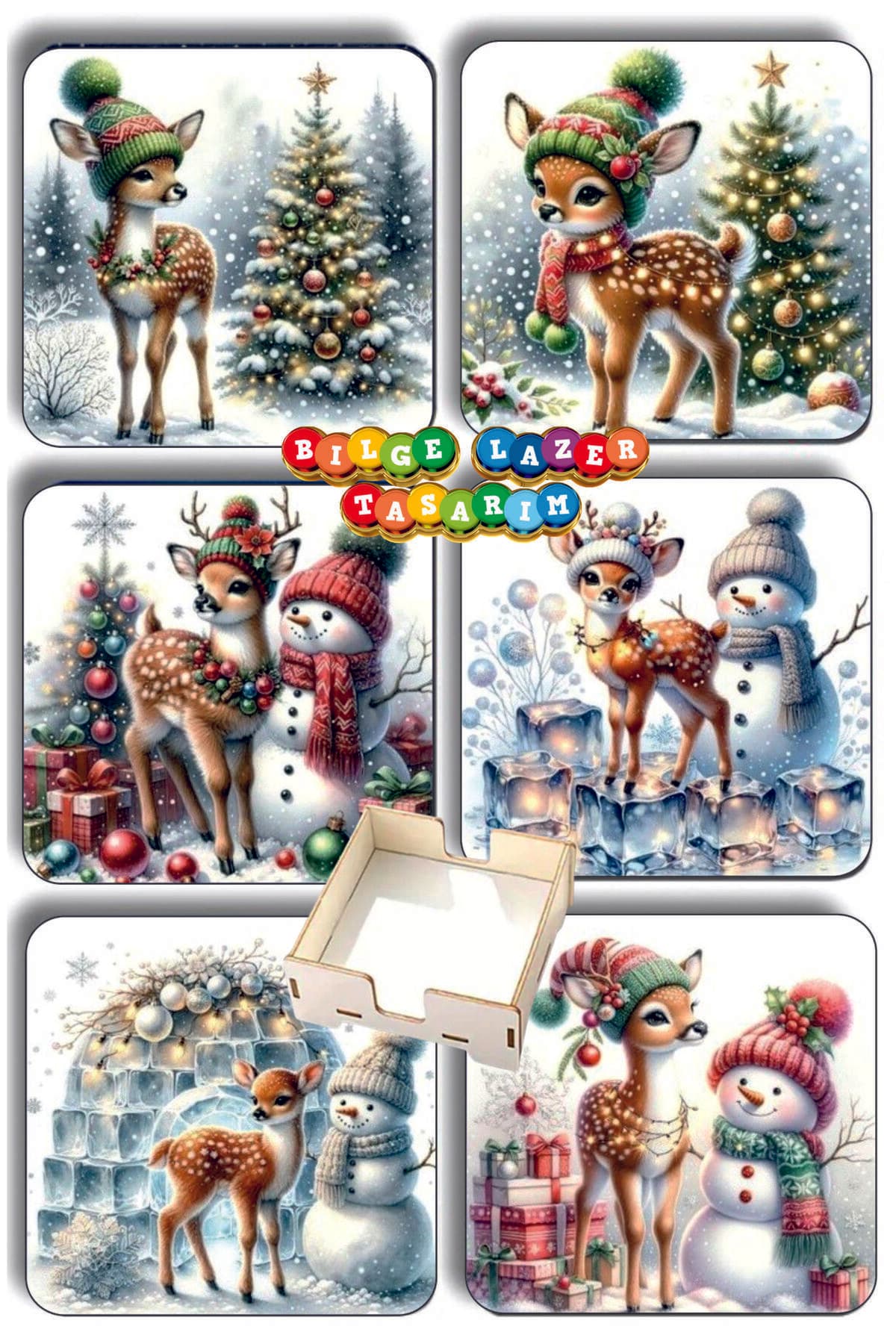 BİLGE tasarım Noel Yılbaşı Ahşap Bardak Altlığı - 6 lı set Set AHŞAP ÖZEL TASARIM KUTULU