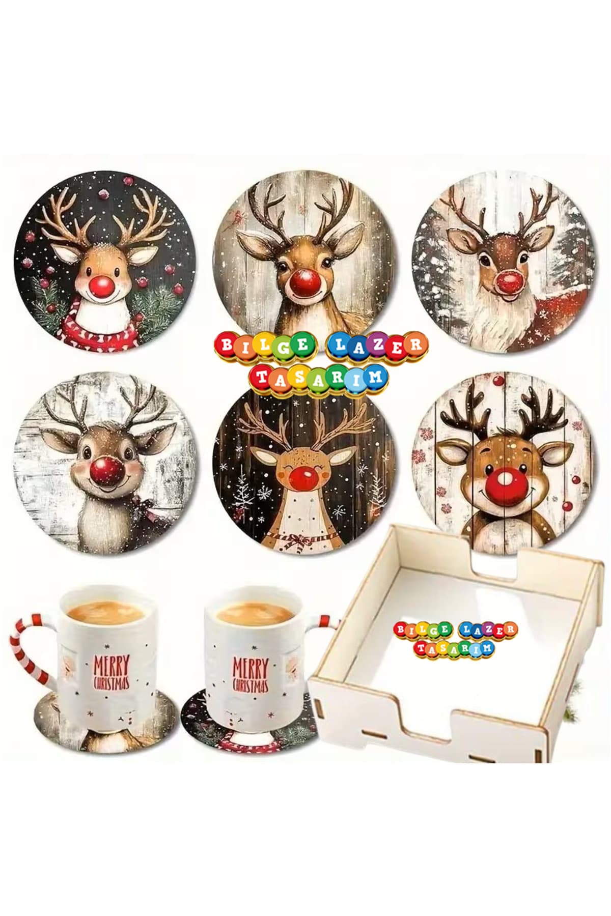BİLGE tasarım Noel Yılbaşı Ahşap Bardak Altlığı - 6 lı set Set AHŞAP ÖZEL TASARIM KUTULU