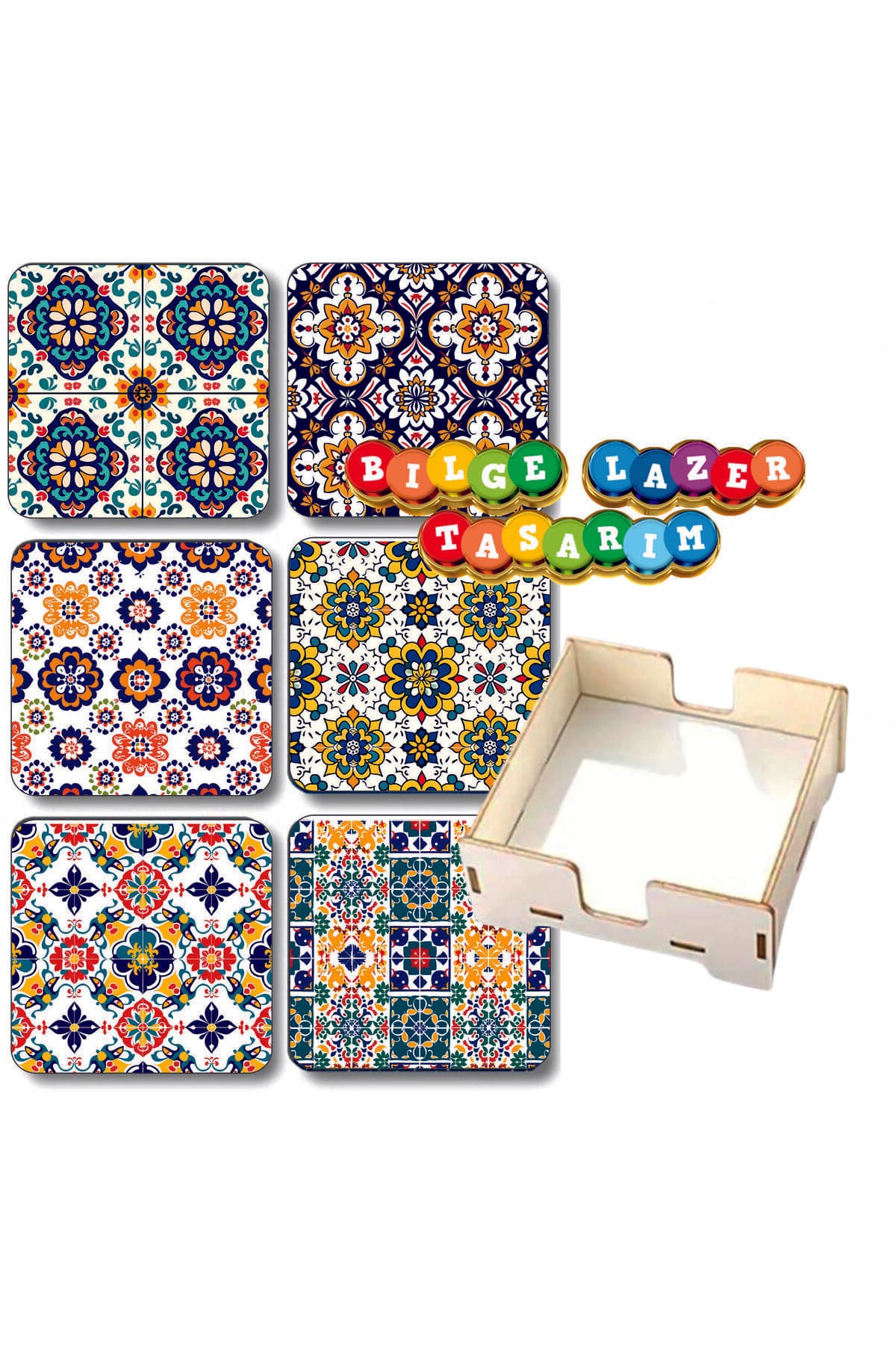 BİLGE tasarım çini motifli Ahşap Bardak Altlığı - 6 lı set Set AHŞAP ÖZEL TASARIM KUTULU