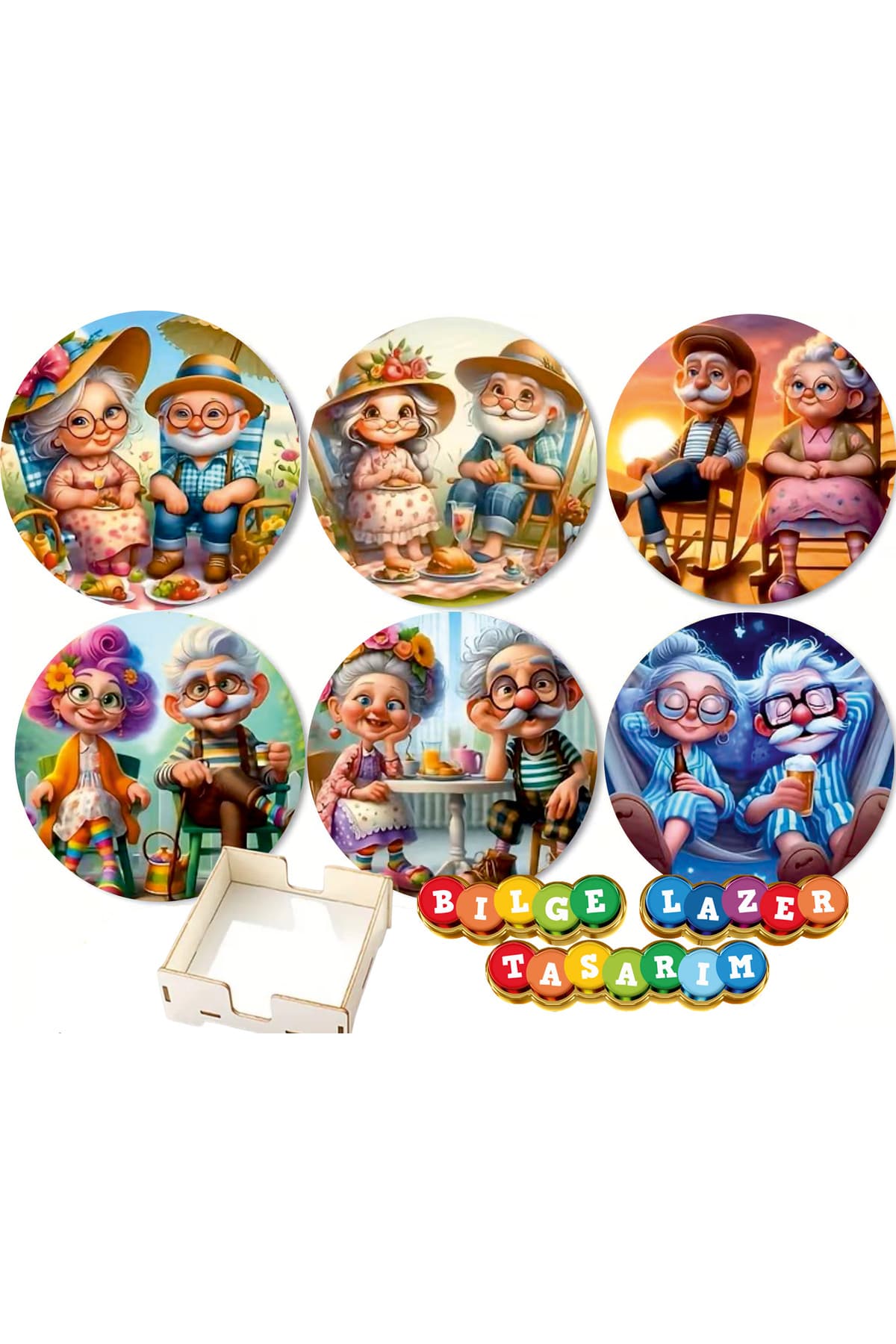 BİLGE tasarım Ahşap sevgili nostaljik Bardak Altlığı - 6 lı set Set AHŞAP ÖZEL TASARIM KUTULU