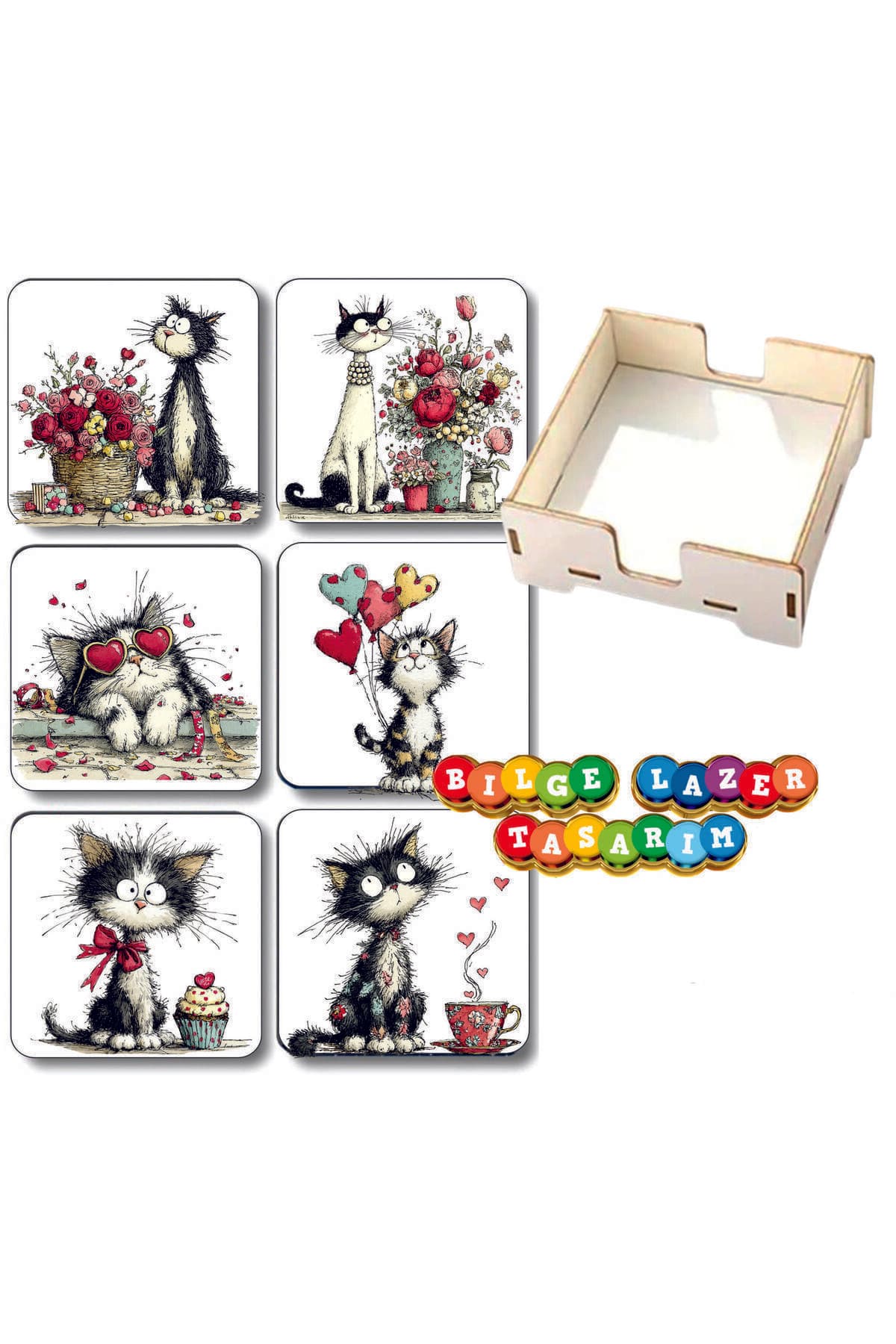 BİLGE tasarım sevgiliye kedi temalı Ahşap Bardak Altlığı - 6 lı set Set AHŞAP ÖZEL TASARIM KUTULU