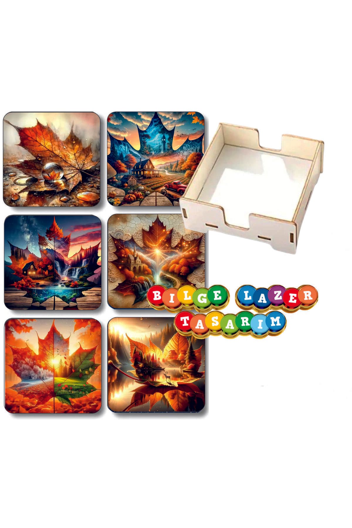 BİLGE tasarım sonbahar manzara Ahşap Bardak Altlığı - 6 lı set Set AHŞAP ÖZEL TASARIM KUTULU