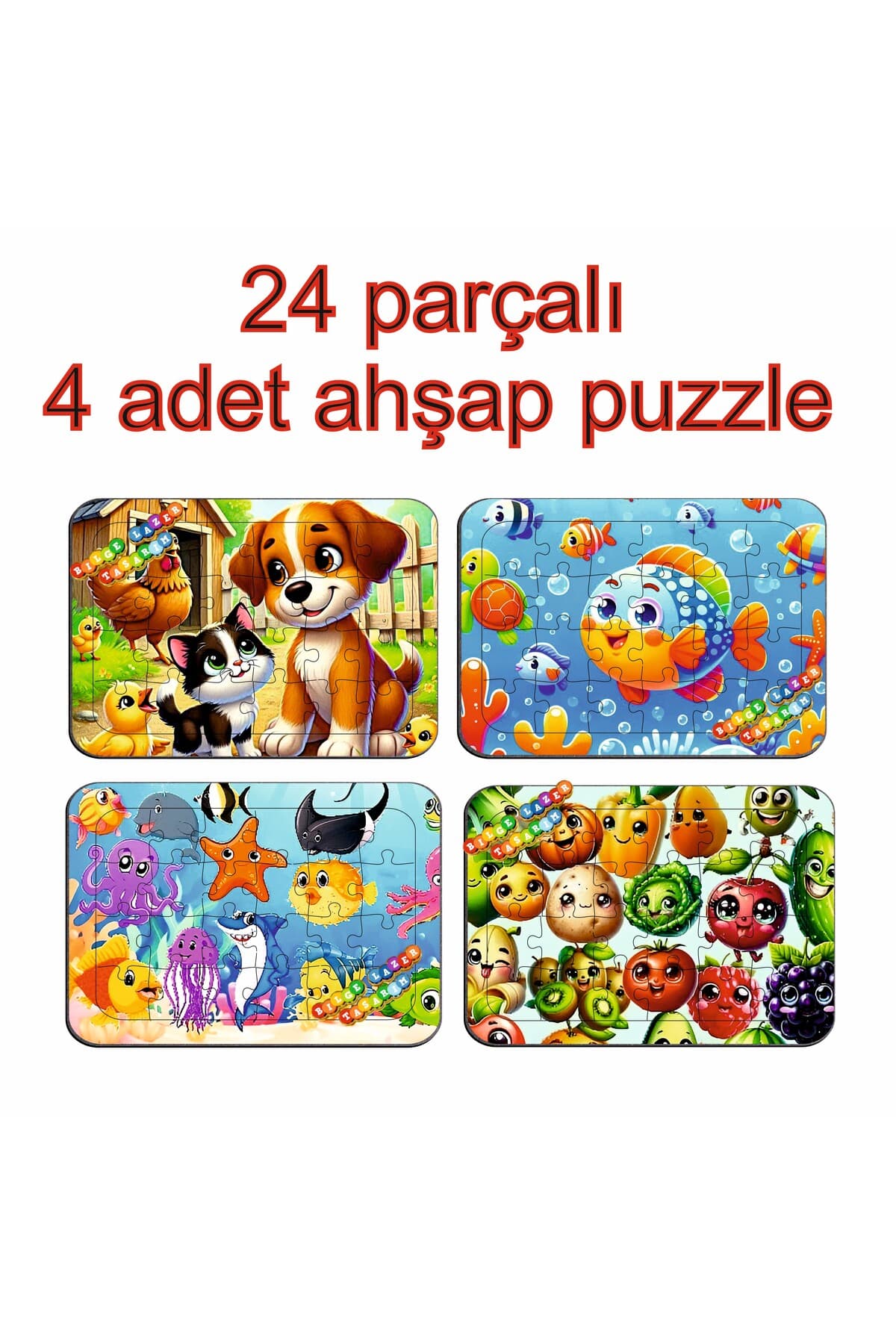 Çocuklar İçin Eğitici ve Öğretici Ahşap Renkli Puzzle 4lü Set 11
