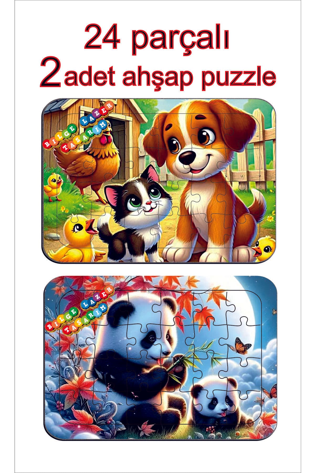 Çocuklar İçin Eğitici ve Öğretici Ahşap Renkli Puzzle 2 li Set (24 parçalı)