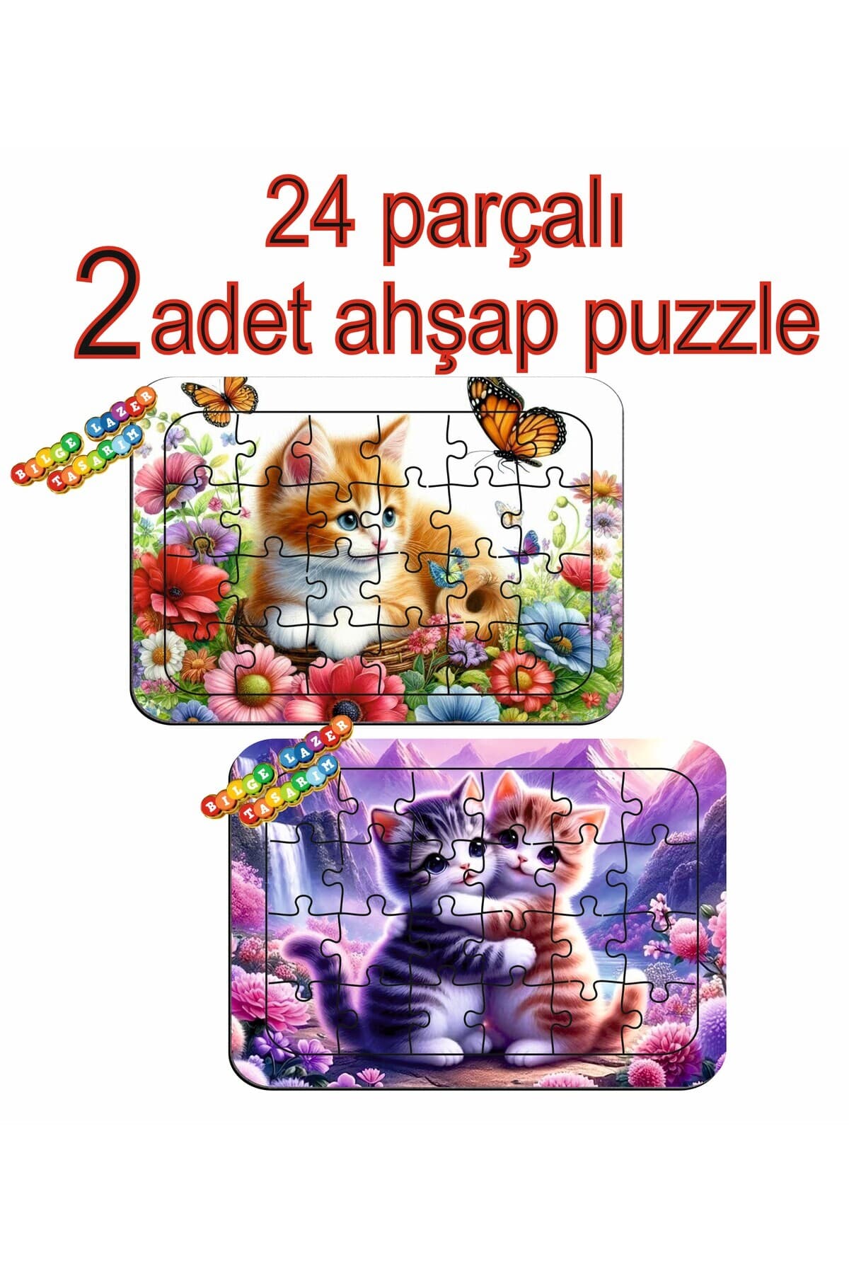 Çocuklar İçin Eğitici ve Öğretici Ahşap Renkli Puzzle 2 li Set (24 parçalı)