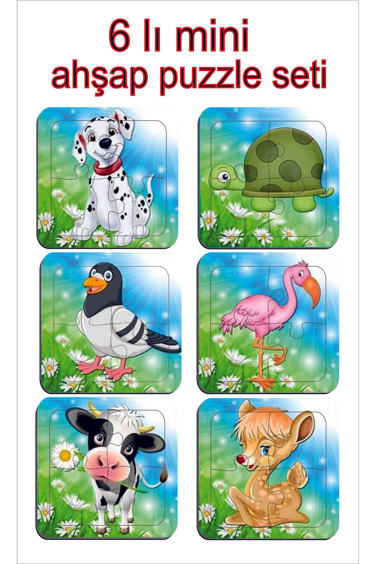 Çocuklar Için Eğitici Ve Öğretici Ahşap 6 LI 4 Parçalı Hayvanlar Mini Puzzle Set 6 LI Set