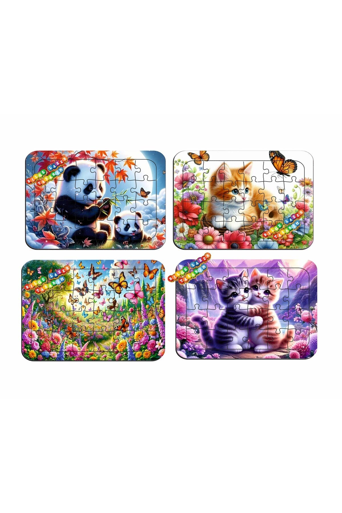 Çocuklar İçin Eğitici ve Öğretici Ahşap Renkli Puzzle 4lü Set 11 - Detay