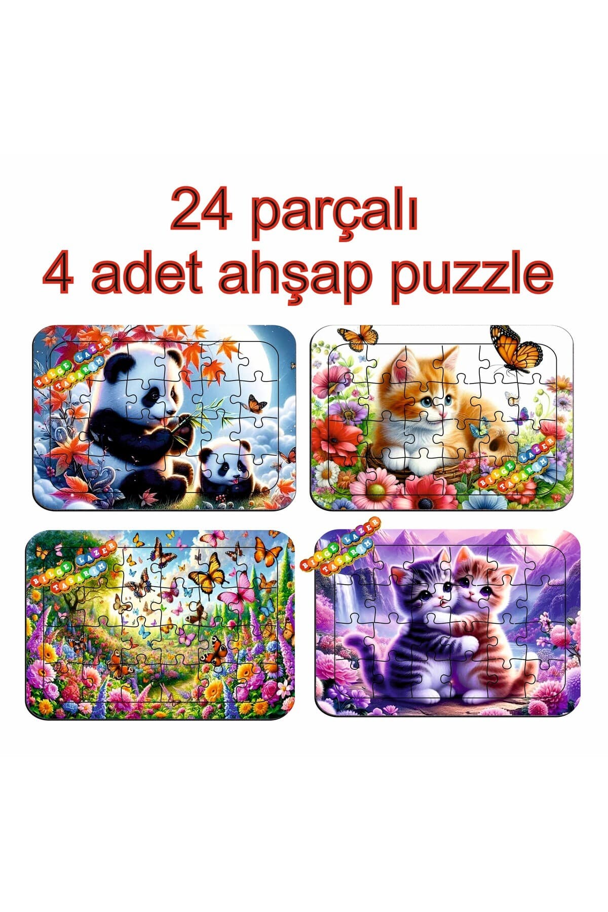 Çocuklar İçin Eğitici ve Öğretici Ahşap Renkli Puzzle 4lü Set 11