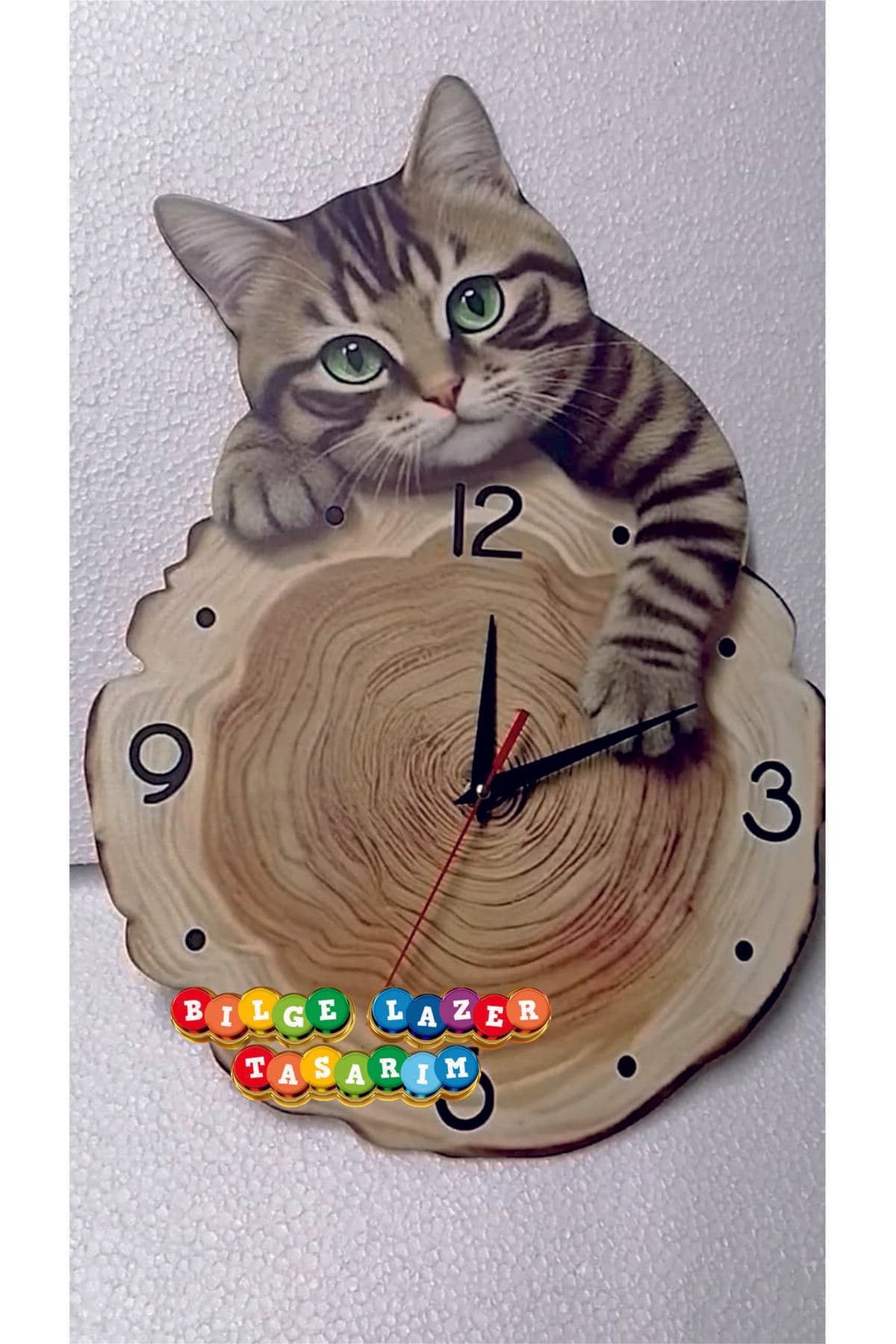 bilge Tasarım kedi detaylı Çocuk Odası Duvar Saati 32 x 45 CM