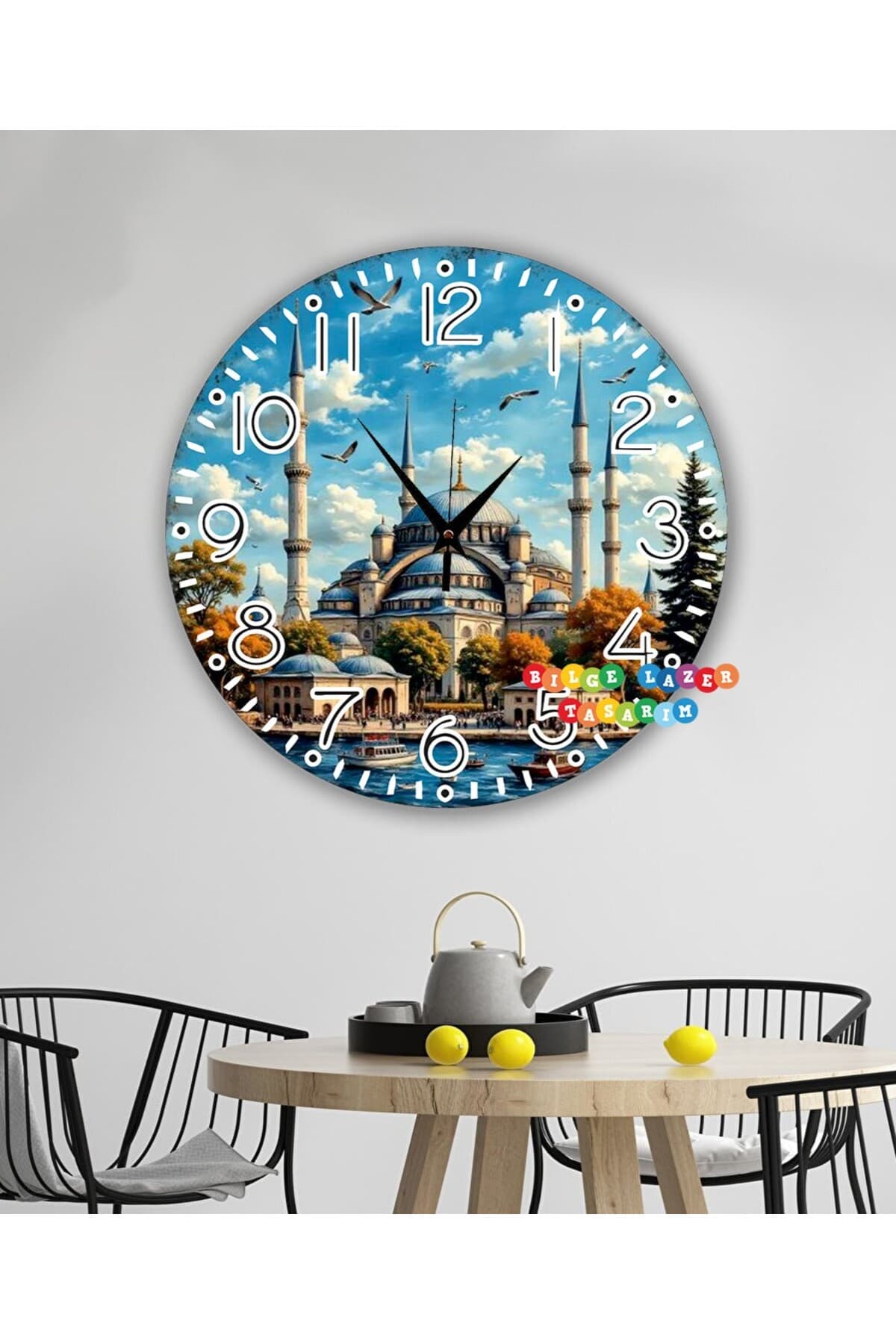 Bilge Ahşap RETRO TASARIM Dekoratif duvar Saati dijital uv baskı