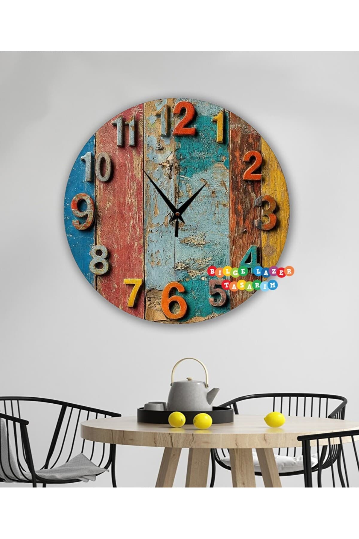 Bilge Ahşap RETRO TASARIM Dekoratif duvar Saati dijital uv baskı