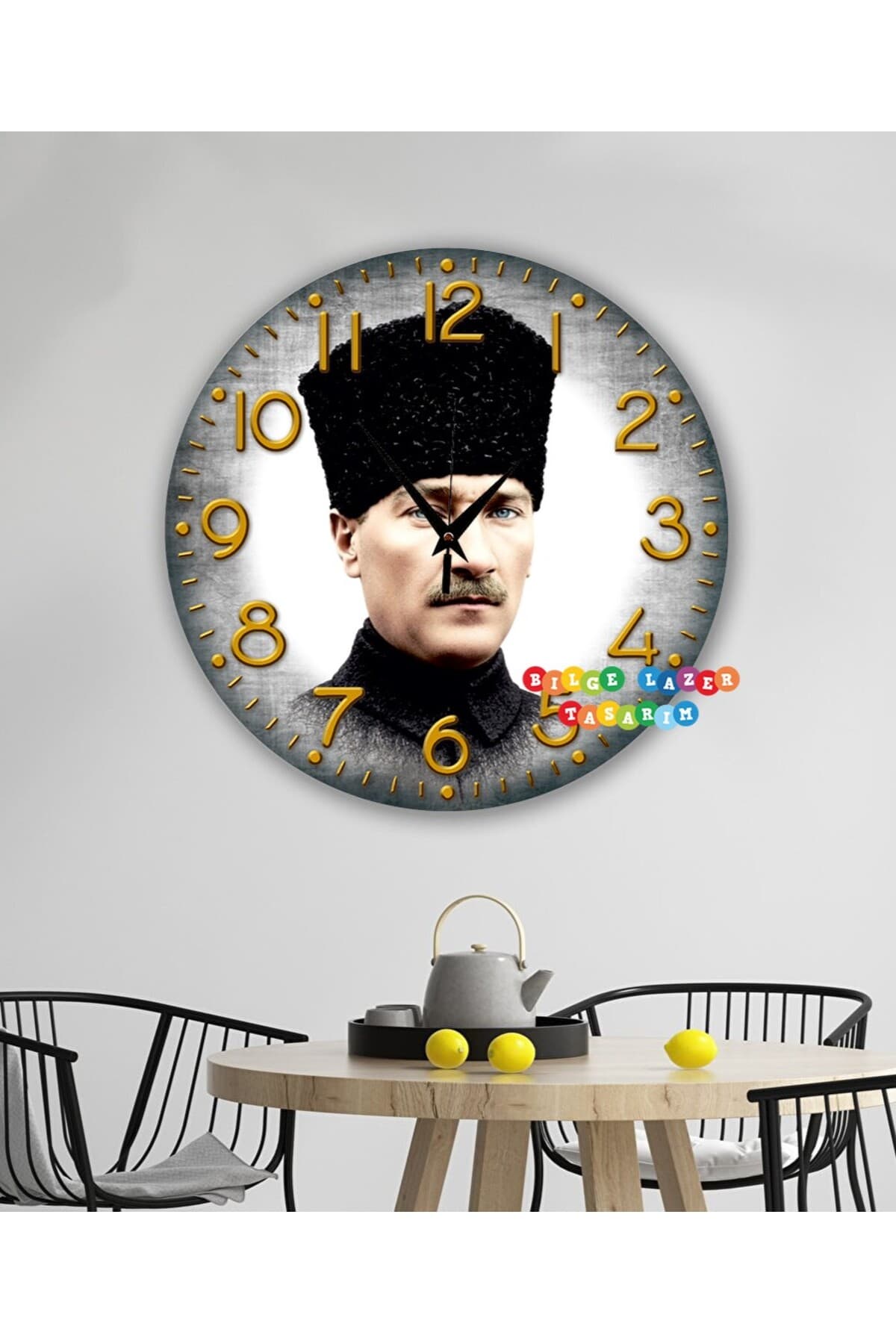 Ahşap Atatürk temalı RETRO TASARIM Dekoratif duvar Saati dijital uv baskı