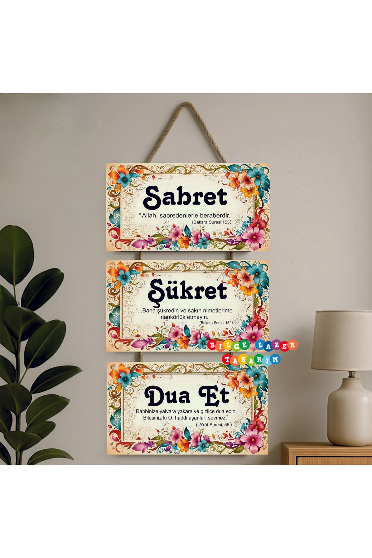 Otantik Sabret, Şükret, Dua Et | Ayetli İslami Tablo Temalı Ahşap Duvar Dekoru