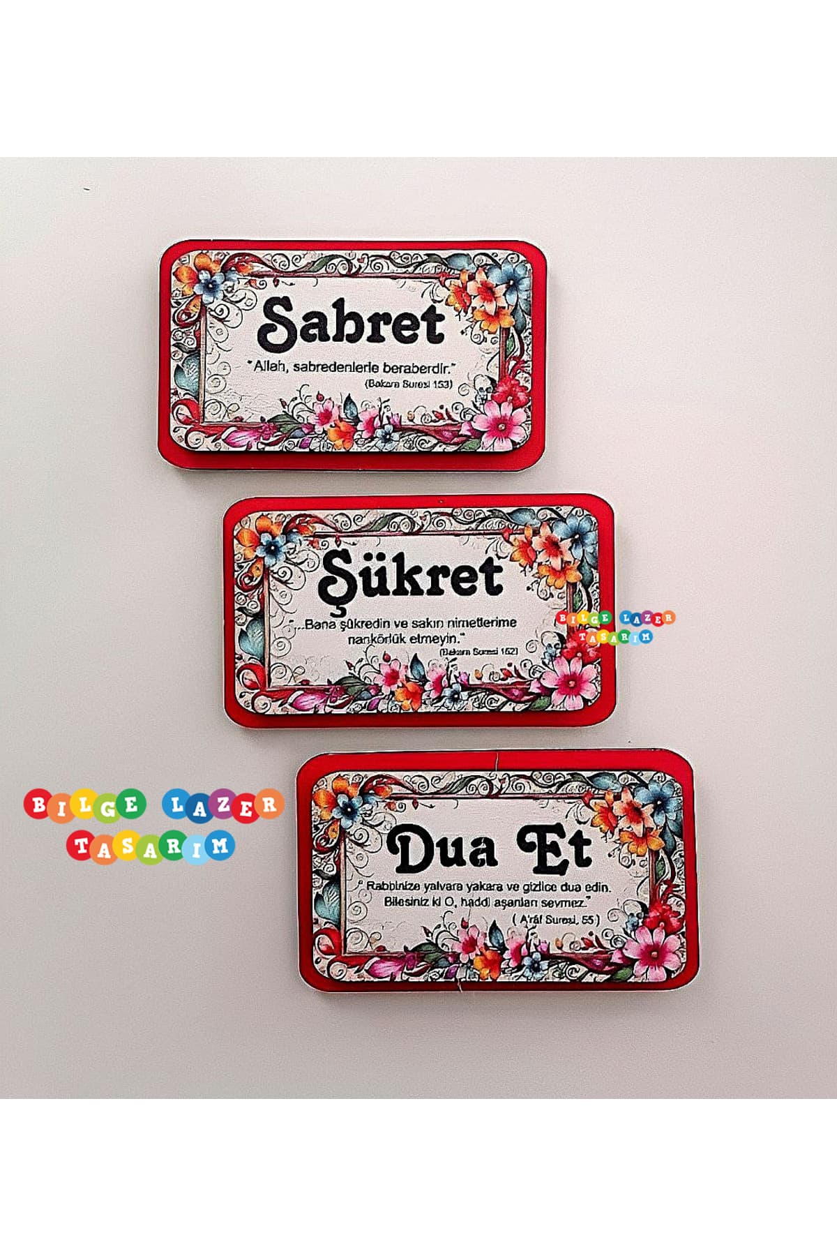 Otantik Sabret, Şükret, Dua Et | Ayetli İslami Tablo Temalı Ahşap Magnet seti