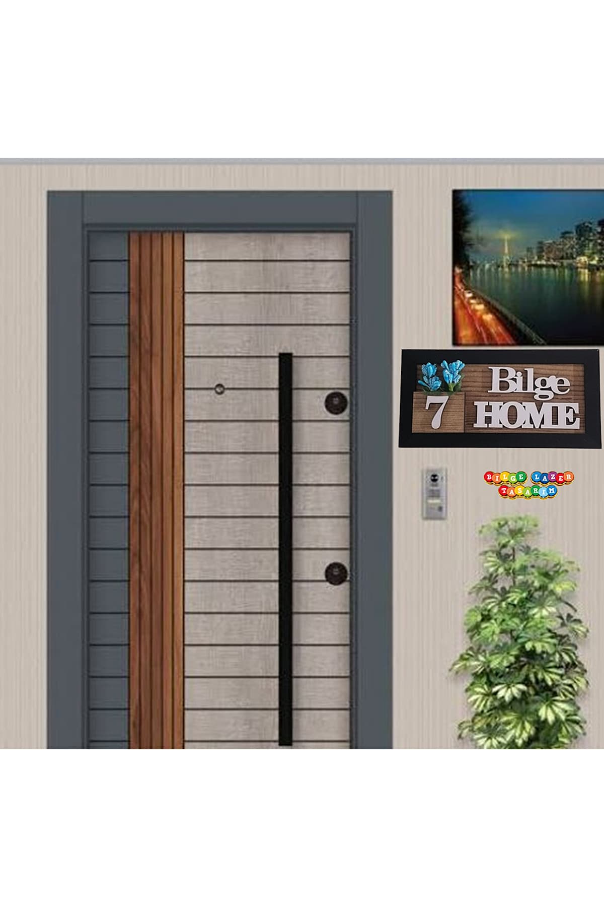 Kişiye Özel Ahşap Kapı İsimliği ( TURKUAZ ) Çiçekli – 10x20 cm MDF Dekoratif Kapı Tabelası - Detay