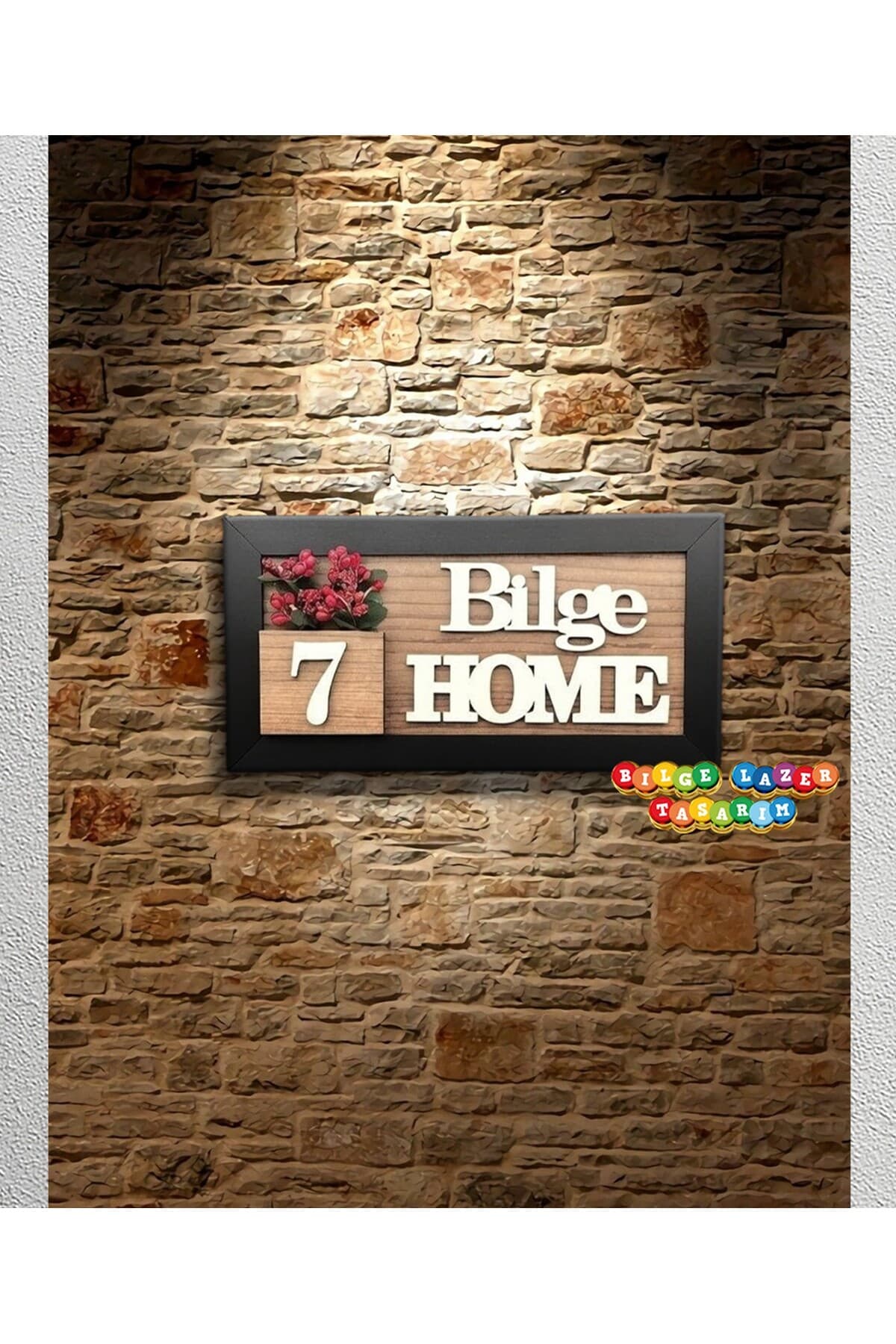 Kişiye Özel Ahşap Kapı İsimliği ( KIRMIZI ) Çiçekli – 10x20 cm MDF Dekoratif Kapı Tabelası